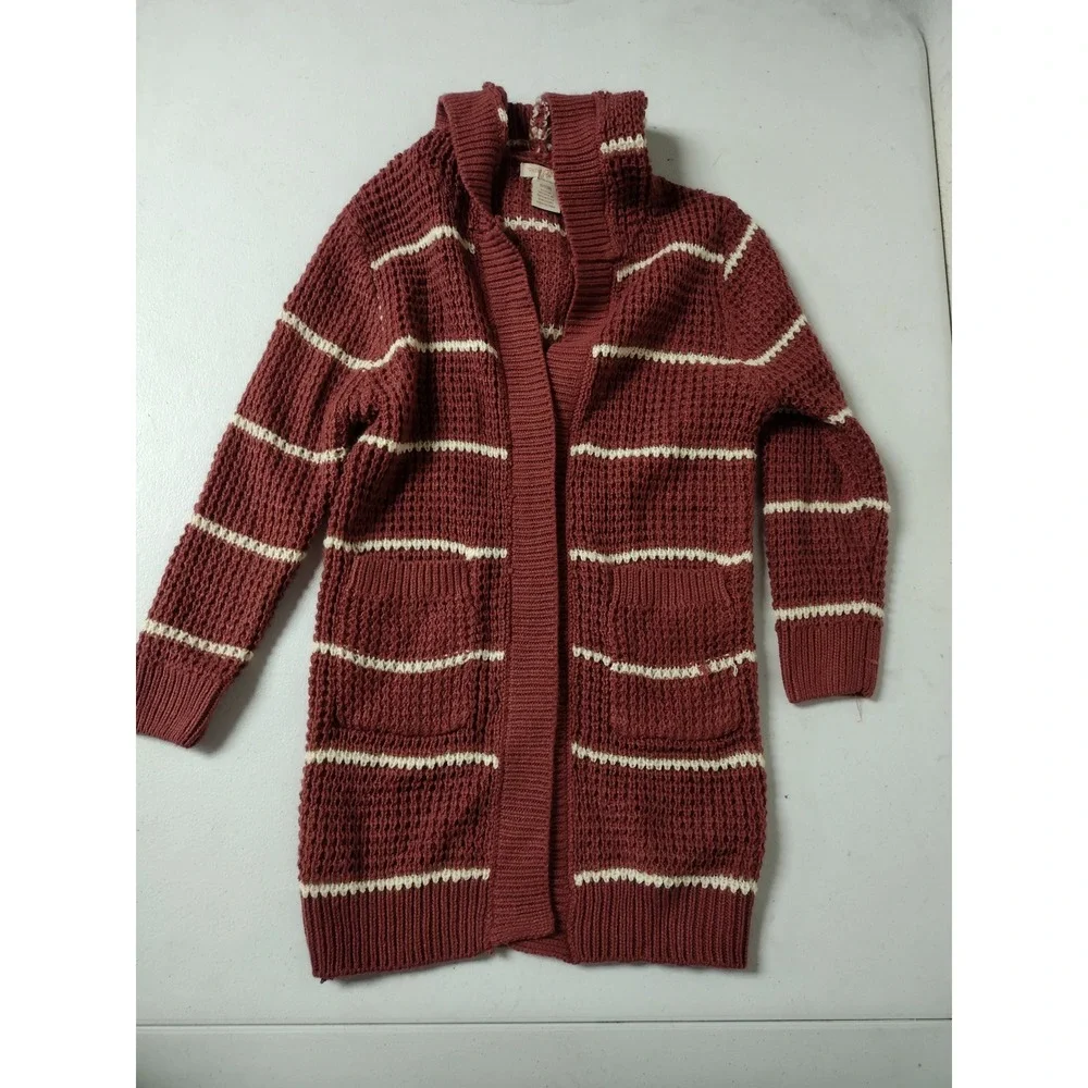 Sweet Stories Girls Rust Red Striped Waffle Knit Hooded Cardigan Sweater 10/12 M